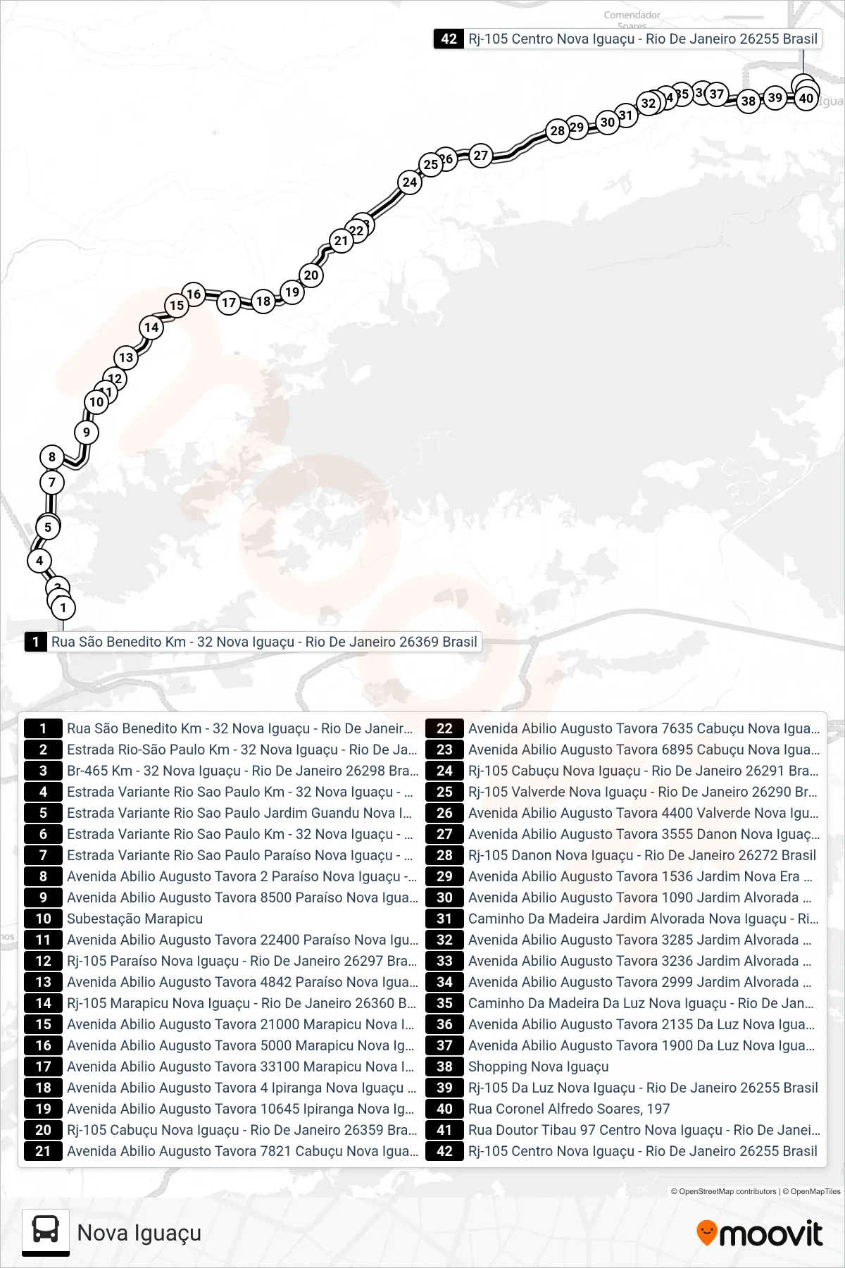 Rota e paradas da linha de ônibus 2002 (Nova Iguaçu) no mapa