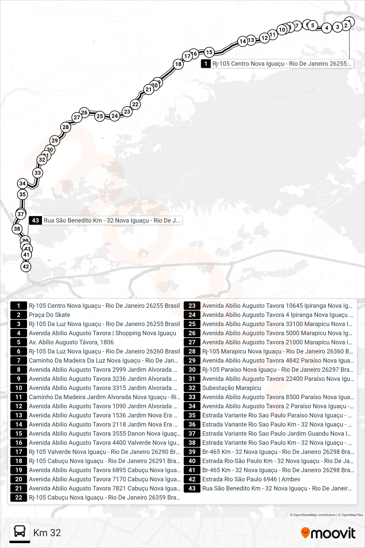 Rota e paradas da linha de ônibus 2002 (Km 32) no mapa