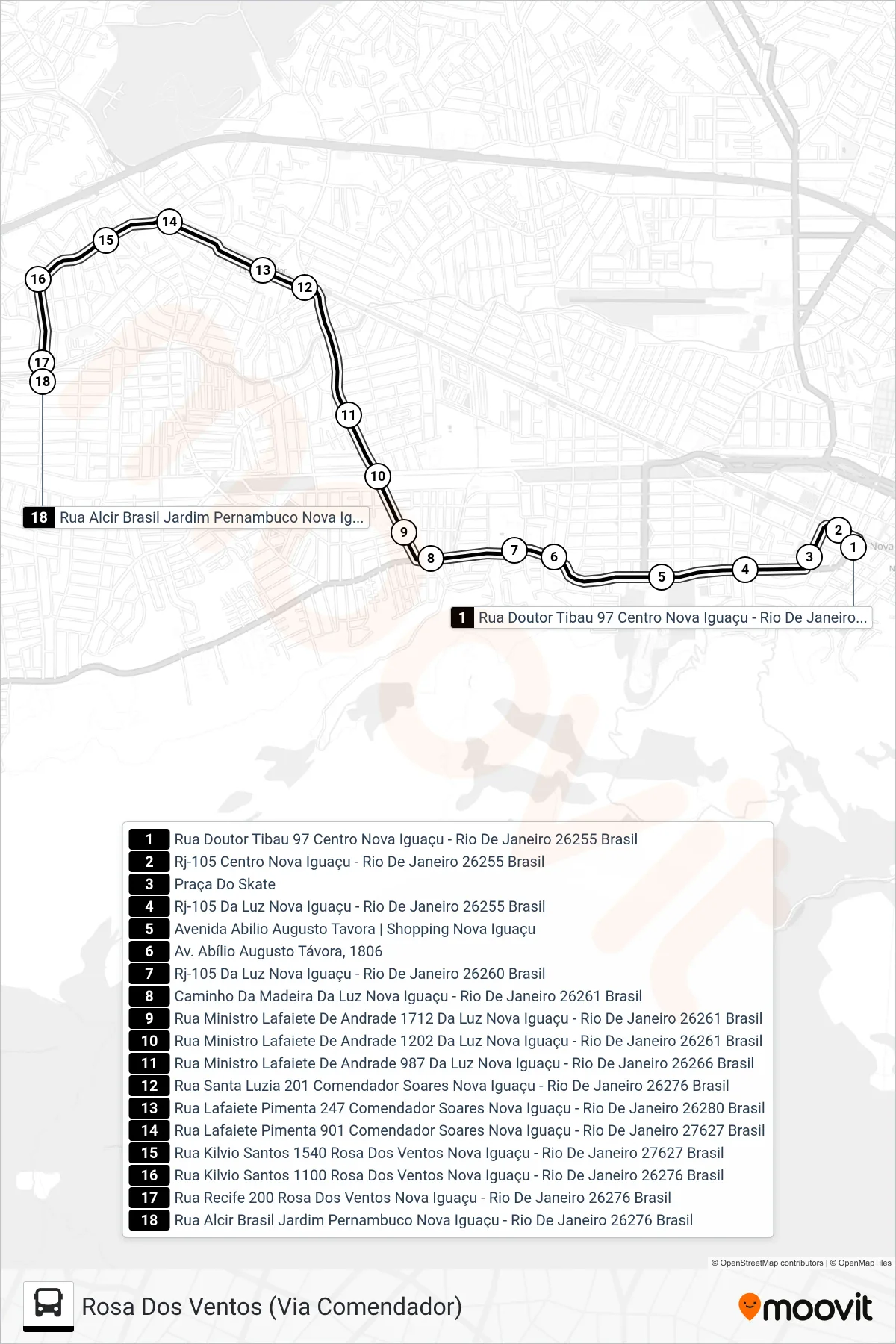 Rota e paradas da linha de ônibus 2003 (Rosa Dos Ventos (Via Comendador)) no mapa