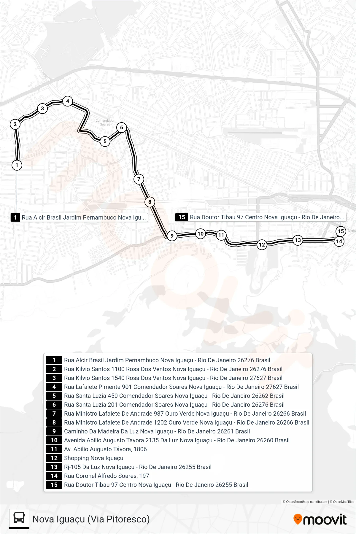 2003 bus Line (Nova Iguaçu (Via Pitoresco)) route and stops on a map