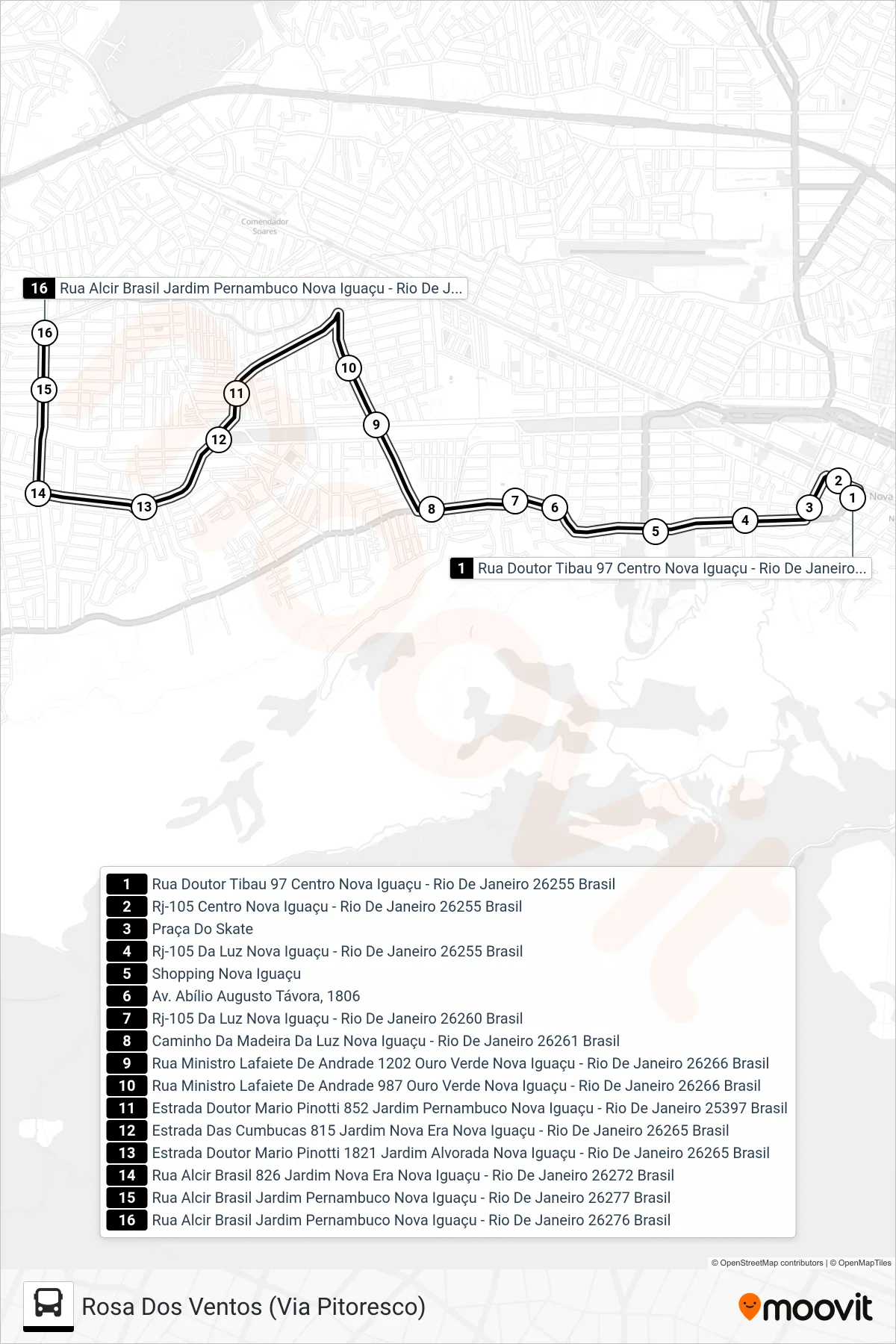 Rota e paradas da linha de ônibus 2003 (Rosa Dos Ventos (Via Pitoresco)) no mapa