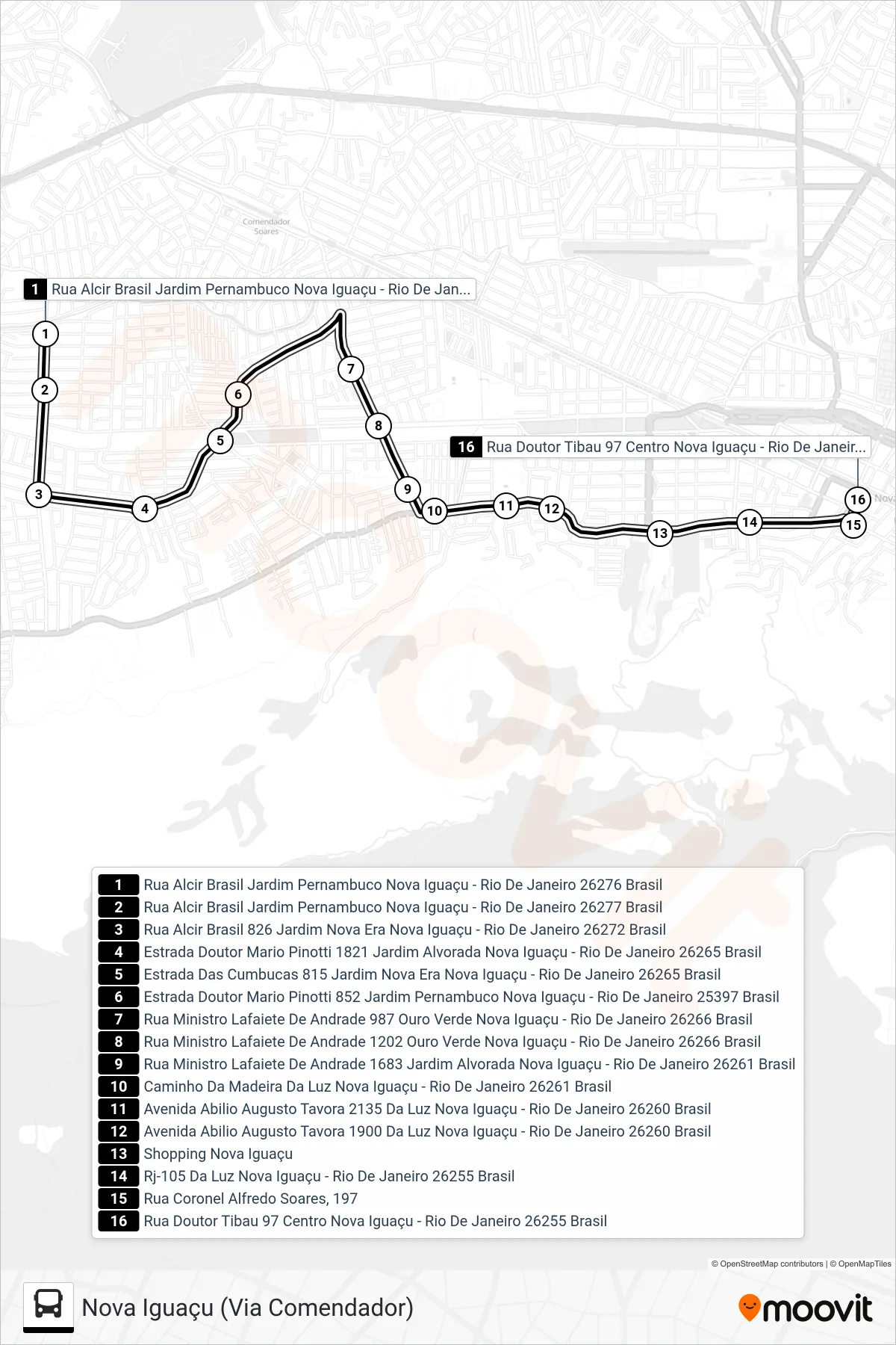 2003 bus Line (Nova Iguaçu (Via Comendador)) route and stops on a map