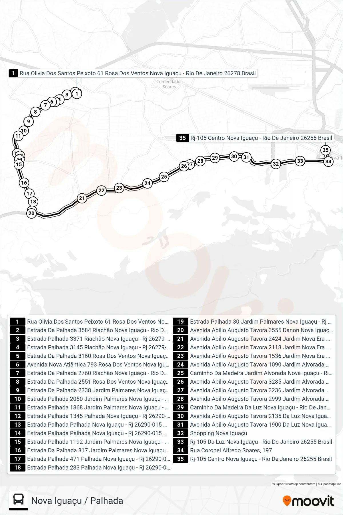 Rota e paradas da linha de ônibus 2004 (Nova Iguaçu) no mapa