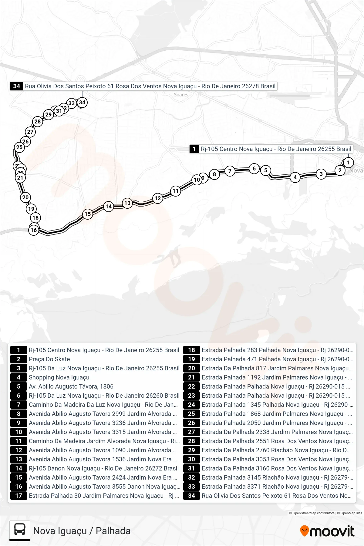 Rota e paradas da linha de ônibus 2004 (Palhada) no mapa