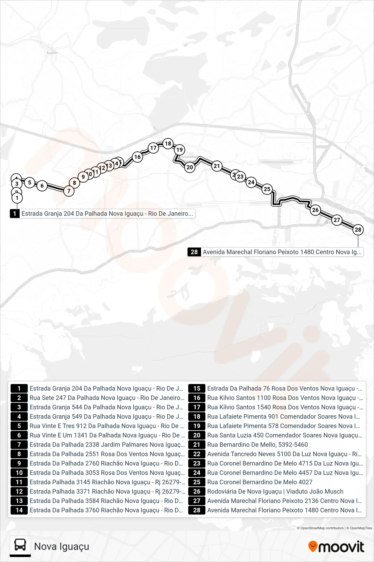 2005 bus Line (Nova Iguaçu) route and stops on a map