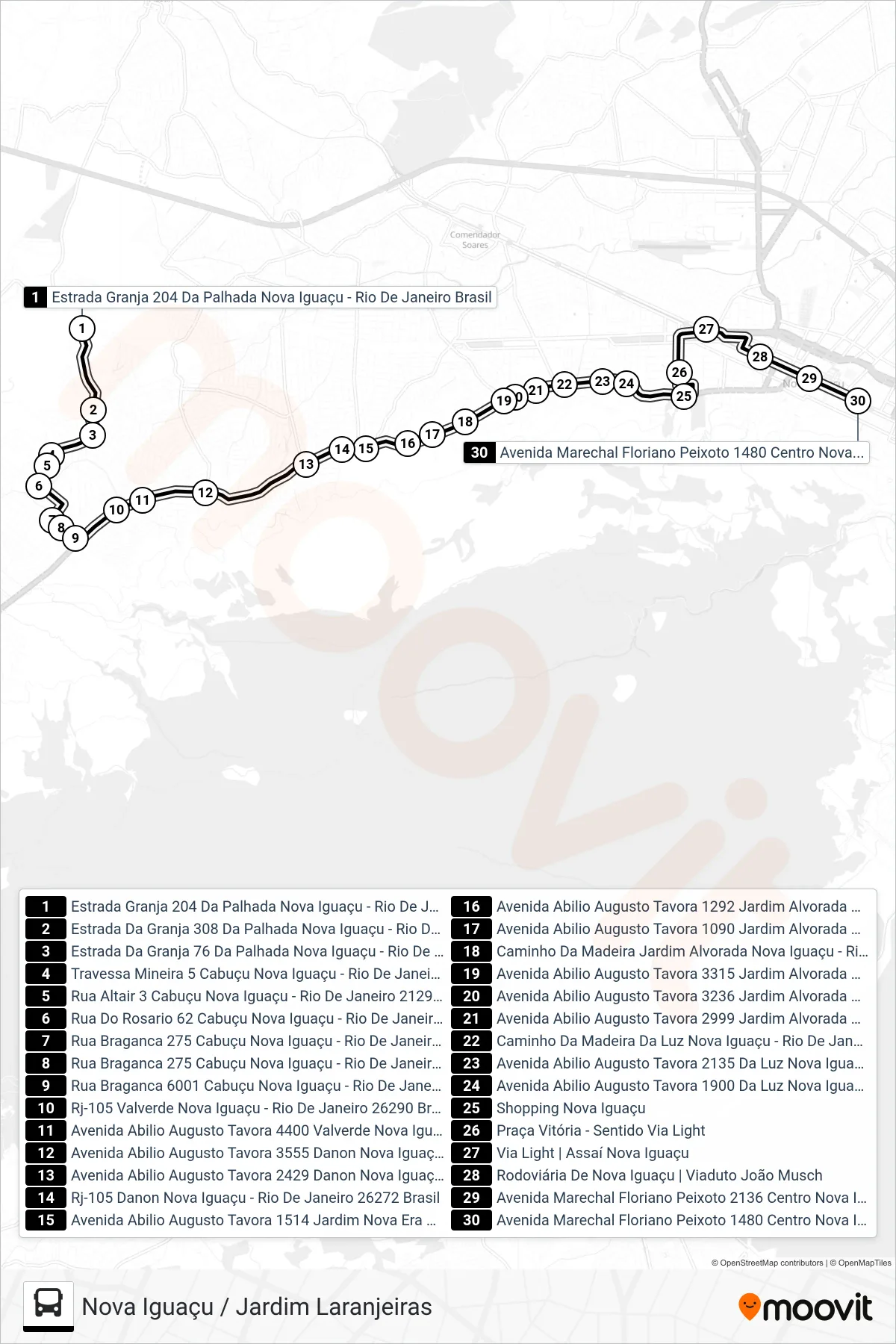 2006 bus Line (Nova Iguaçu) route and stops on a map