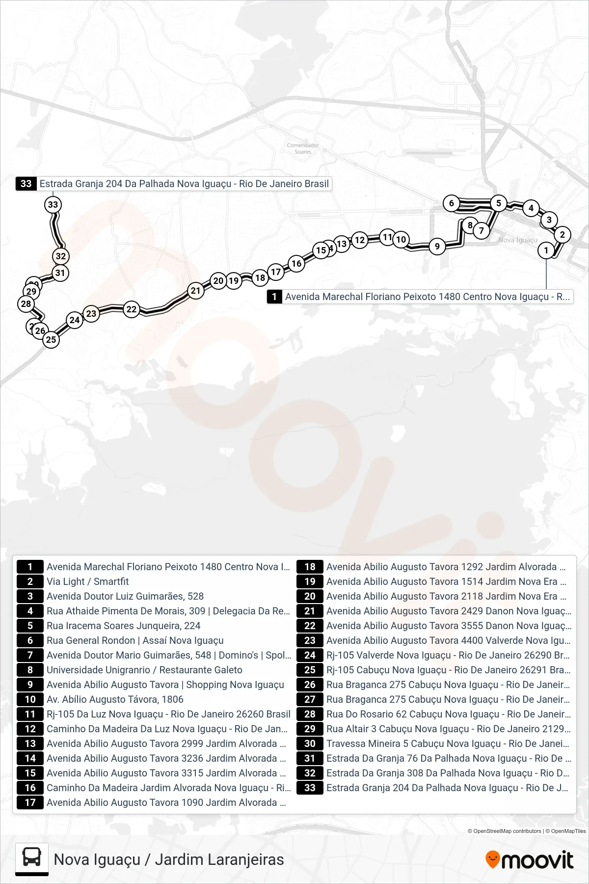 Rota e paradas da linha de ônibus 2006 (Jardim Laranjeiras) no mapa