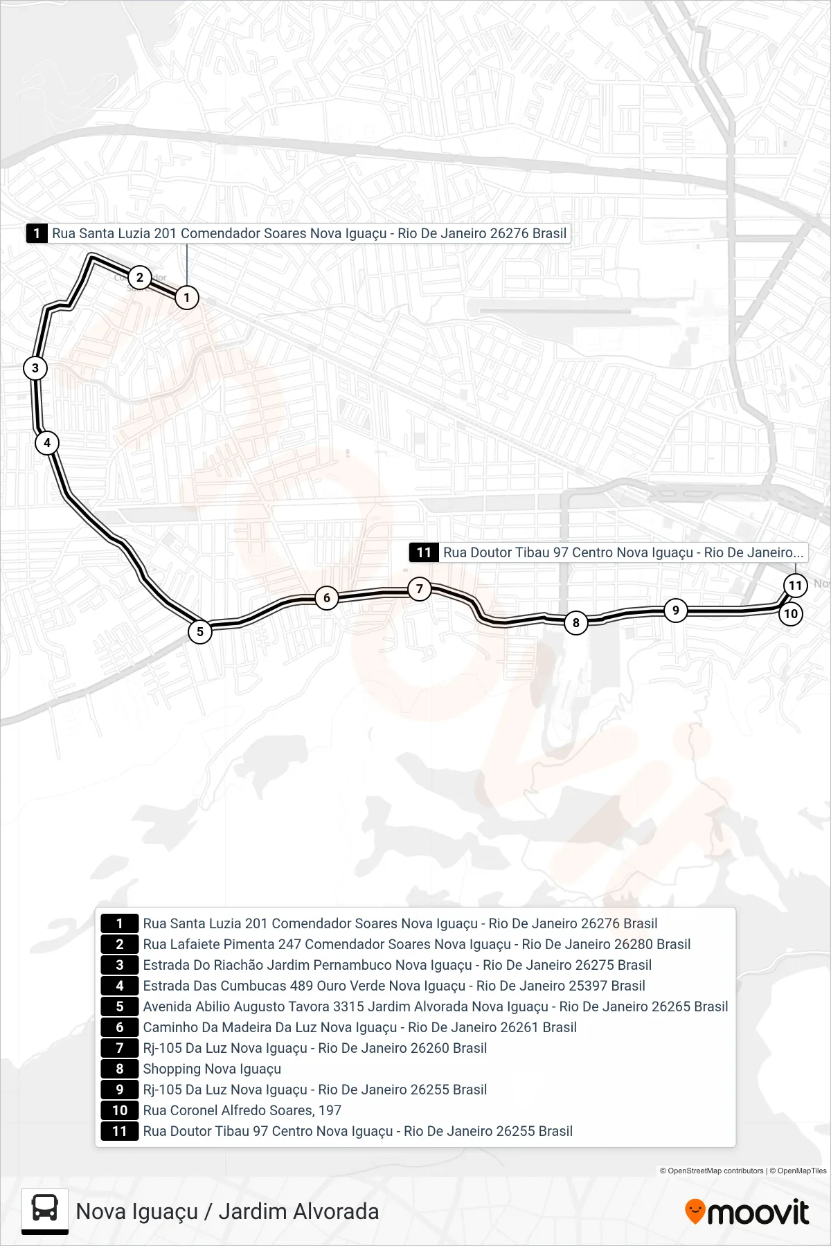 Rota e paradas da linha de ônibus 2007 (Nova Iguaçu) no mapa