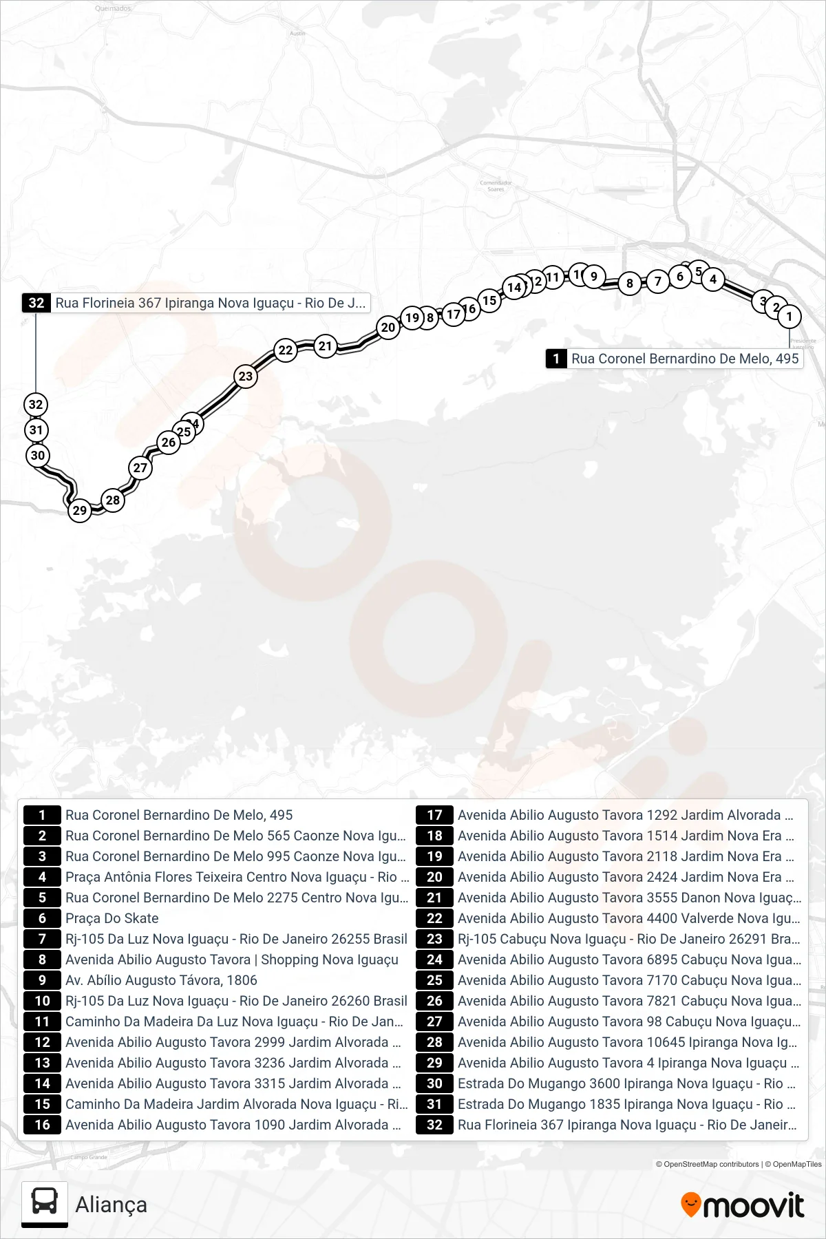 Rota e paradas da linha de ônibus 2008 (Aliança) no mapa