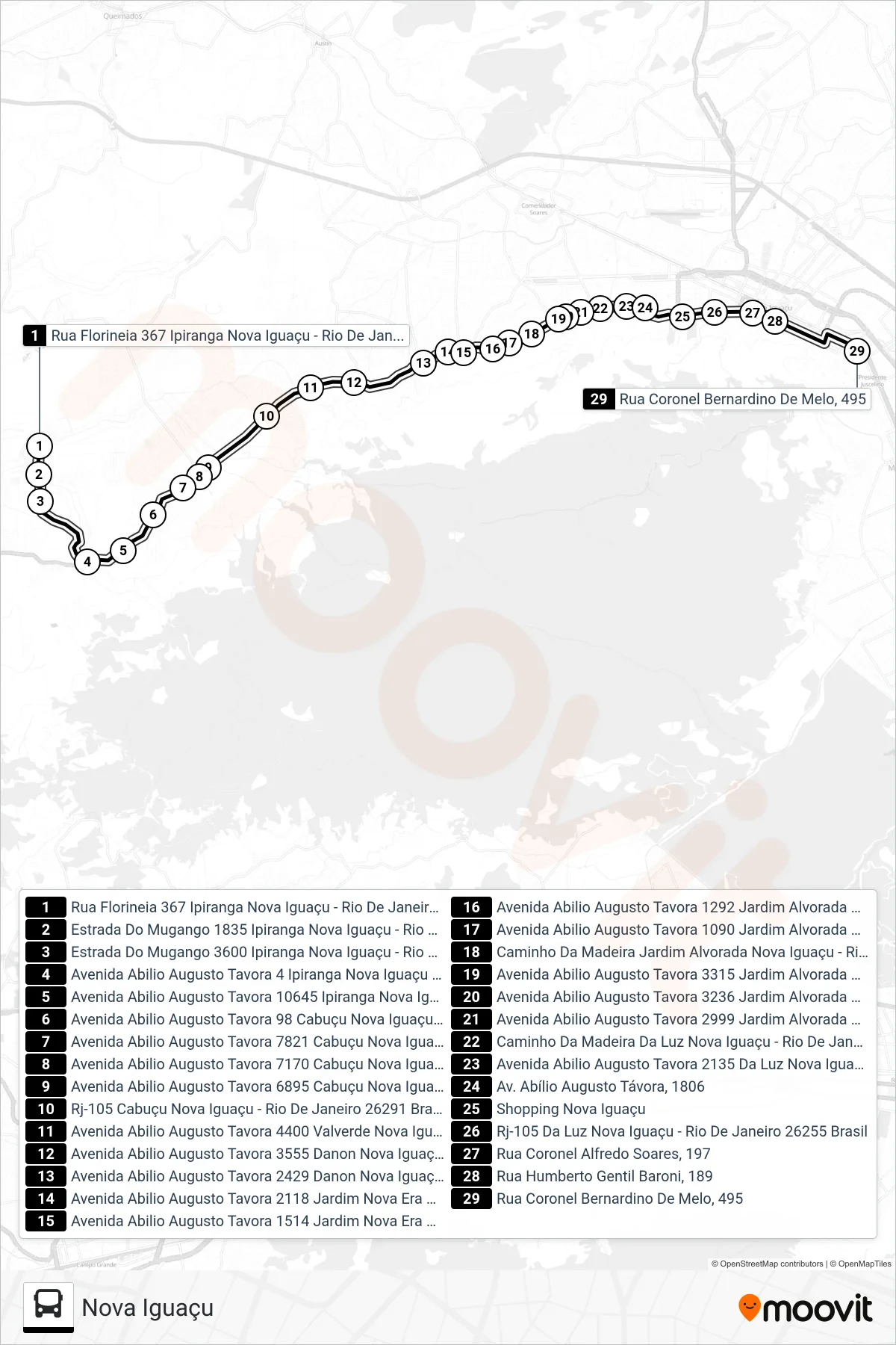 Rota e paradas da linha de ônibus 2008 (Nova Iguaçu) no mapa