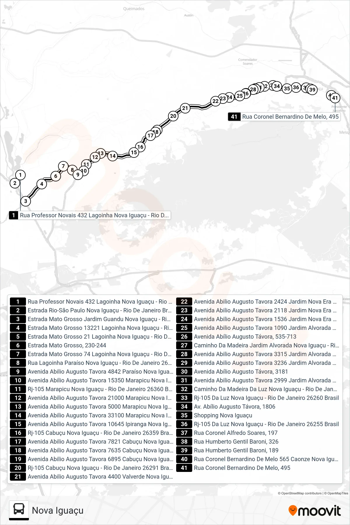2009 bus Line (Nova Iguaçu) route and stops on a map