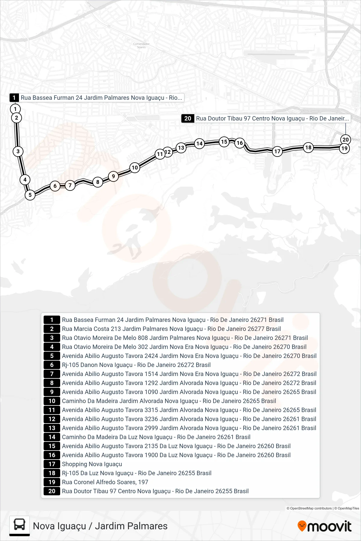 2010 bus Line (Nova Iguaçu) route and stops on a map