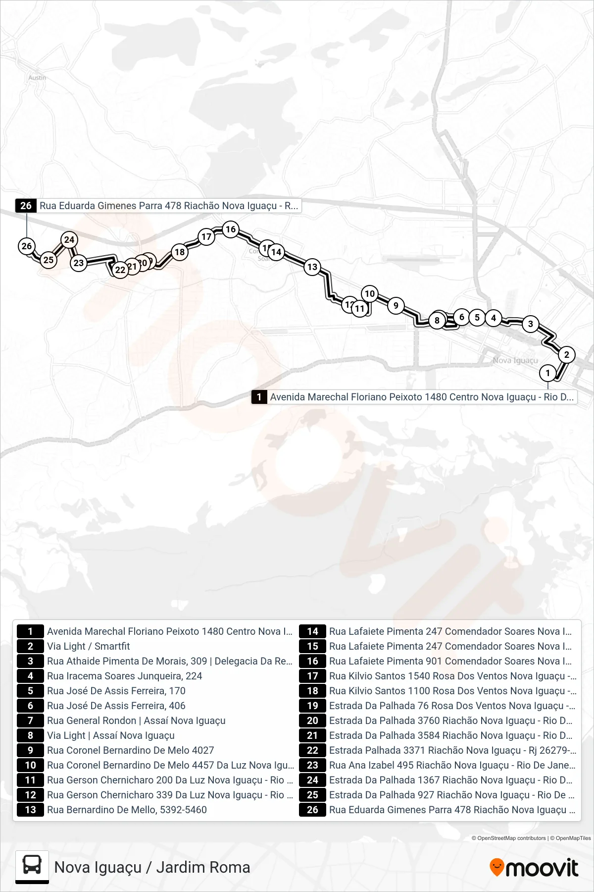 Rota e paradas da linha de ônibus 2011 (Jardim Roma) no mapa