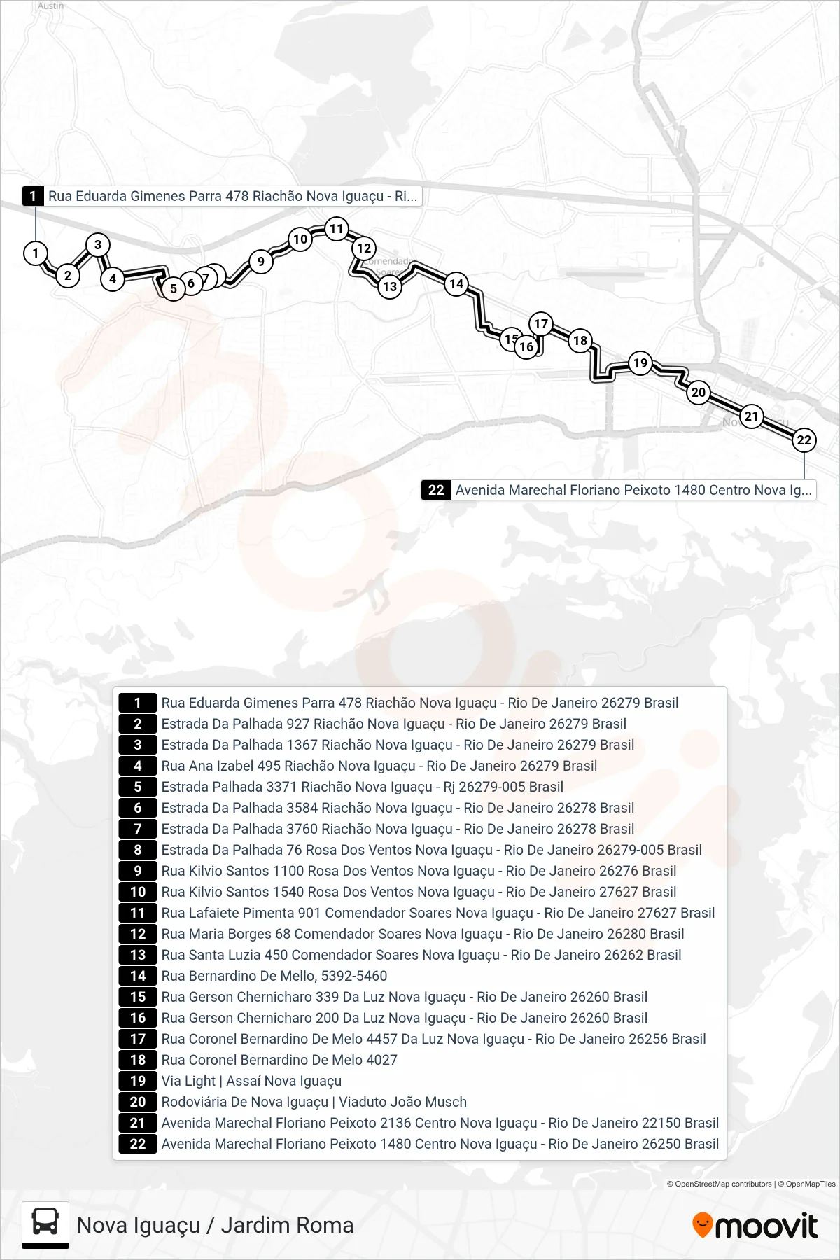 2011 bus Line (Nova Iguaçu) route and stops on a map