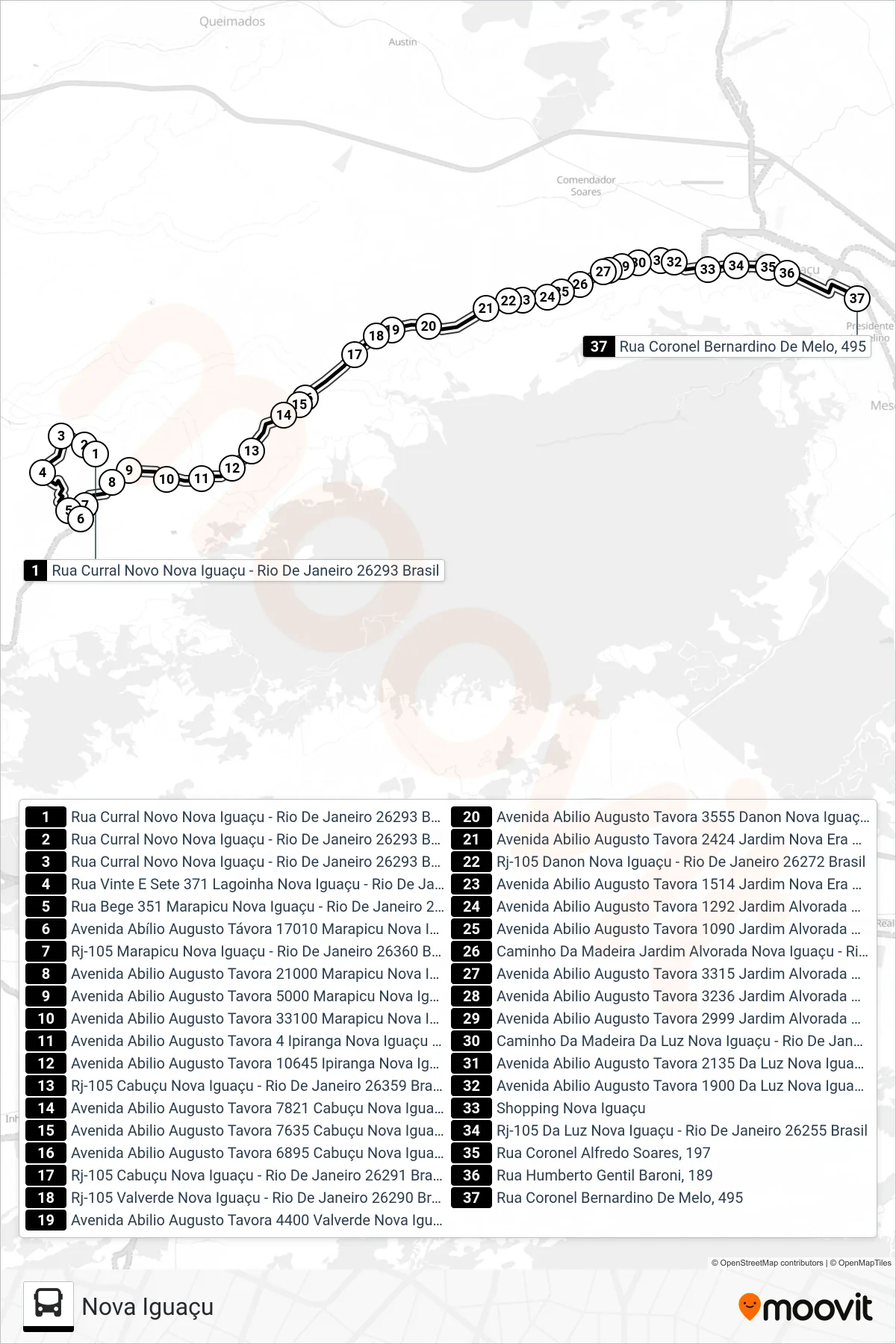 Rota e paradas da linha de ônibus 2016 (Nova Iguaçu) no mapa