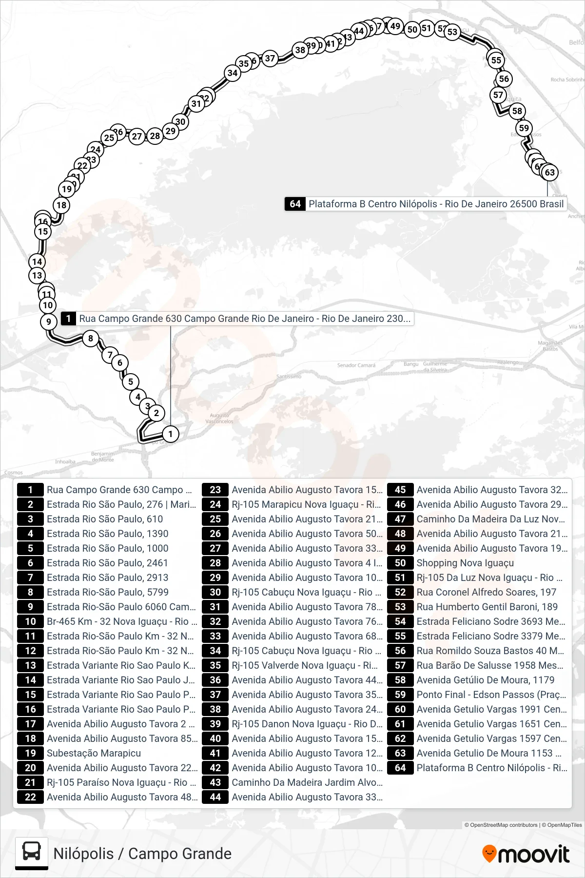 Rota e paradas da linha de ônibus 548P (Nilópolis) no mapa
