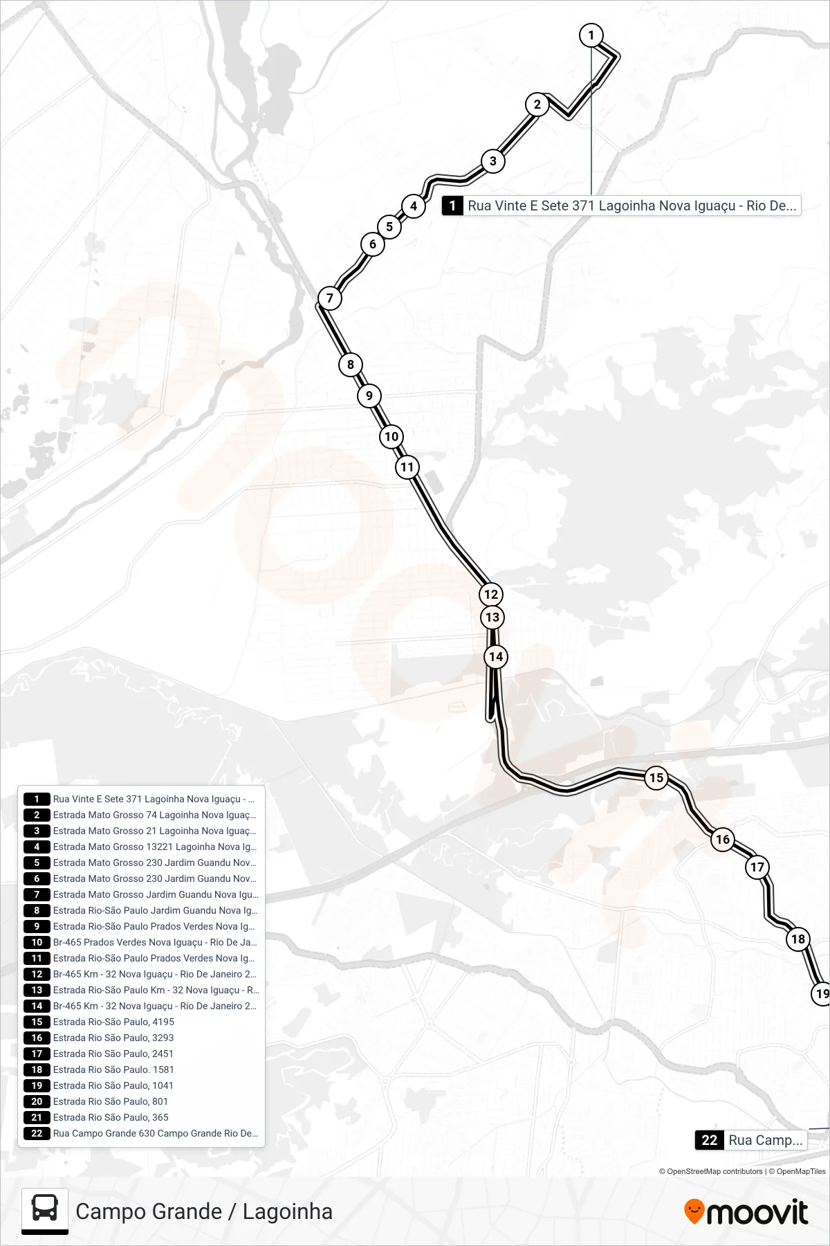 Rota e paradas da linha de ônibus 704P (Campo Grande) no mapa