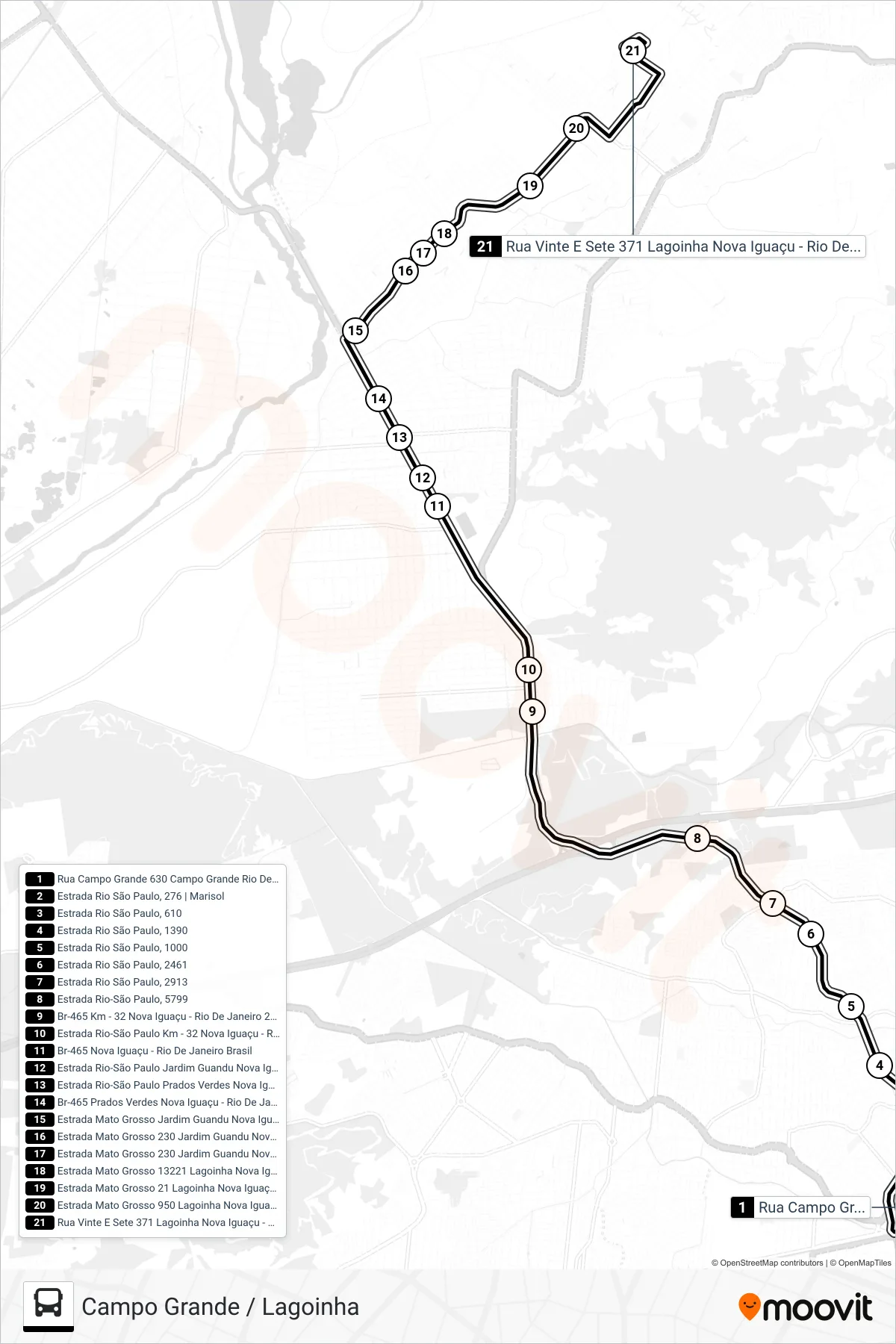 Rota e paradas da linha de ônibus 704P (Lagoinha) no mapa