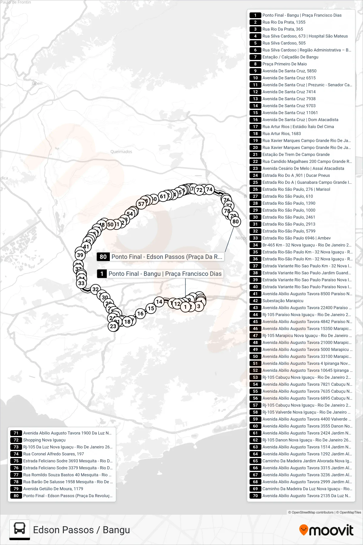 Rota e paradas da linha de ônibus 705P (Edson Passos) no mapa