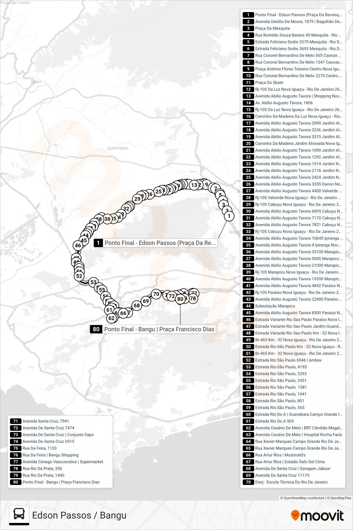 Rota e paradas da linha de ônibus 705P (Bangu) no mapa