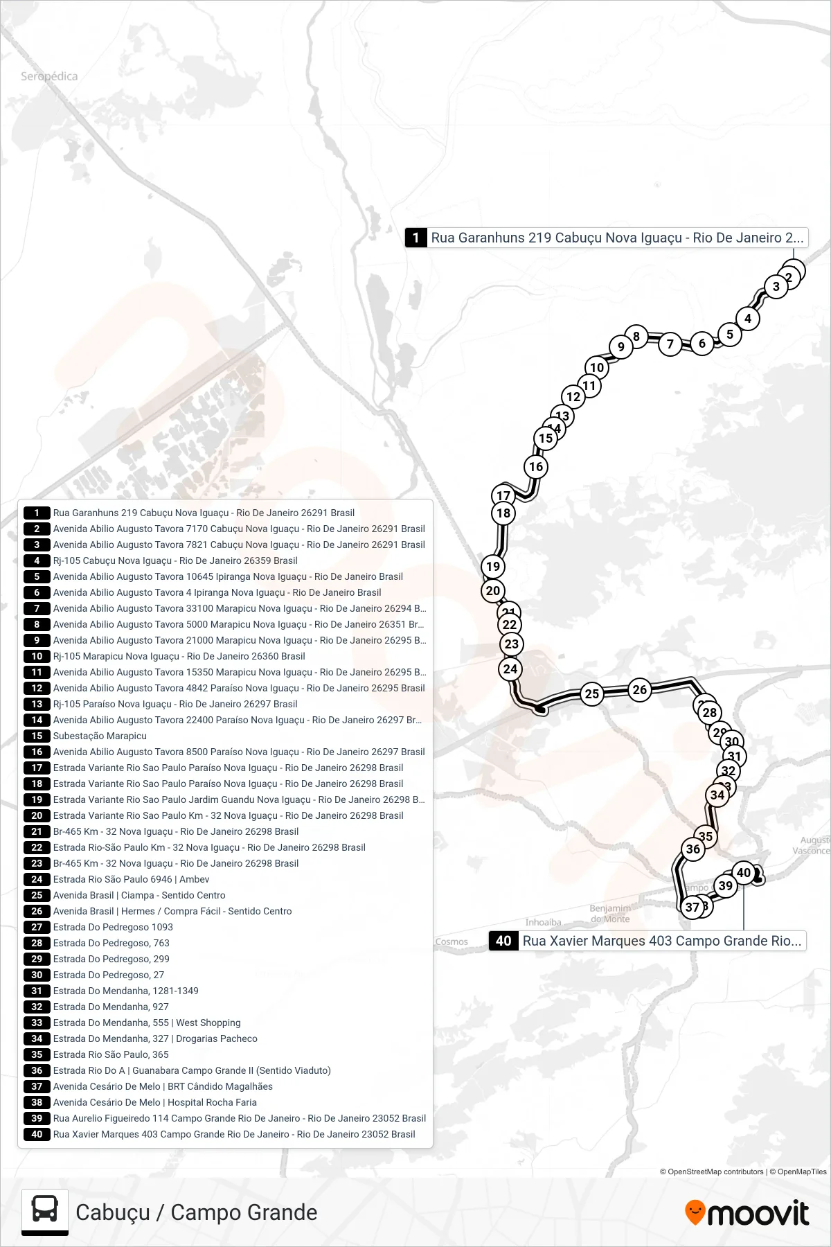 Rota e paradas da linha de ônibus 742P (Campo Grande) no mapa