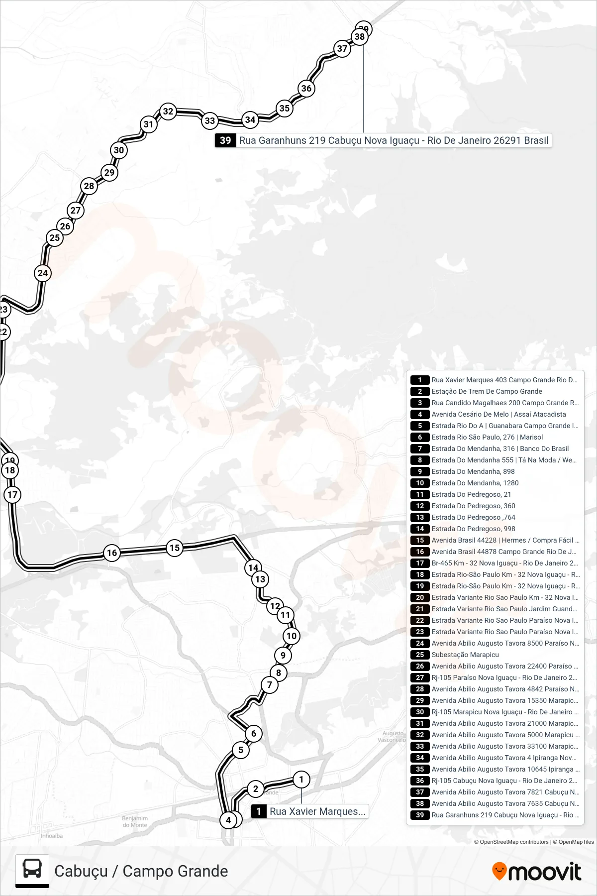 Rota e paradas da linha de ônibus 742P (Cabuçu) no mapa
