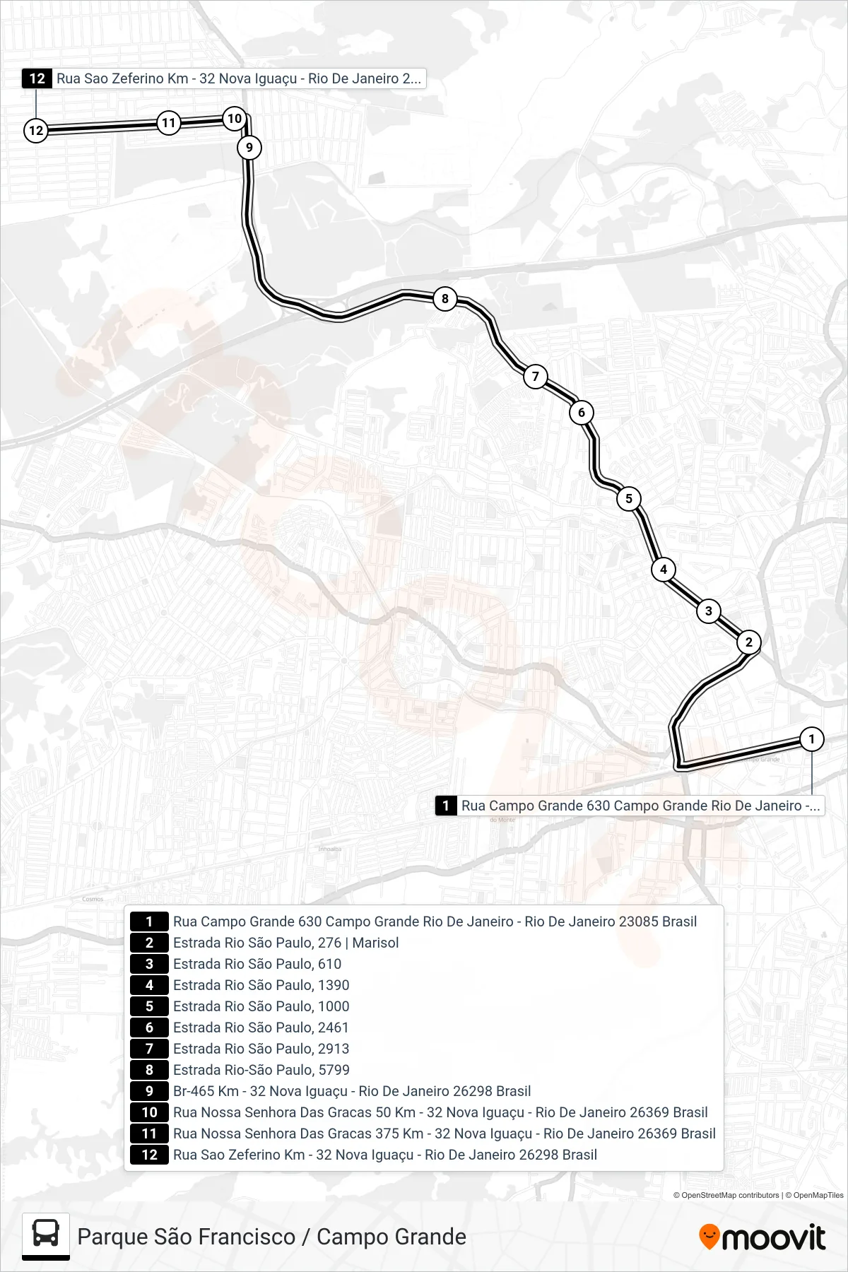 Rota e paradas da linha de ônibus 746P (Campo Grande) no mapa