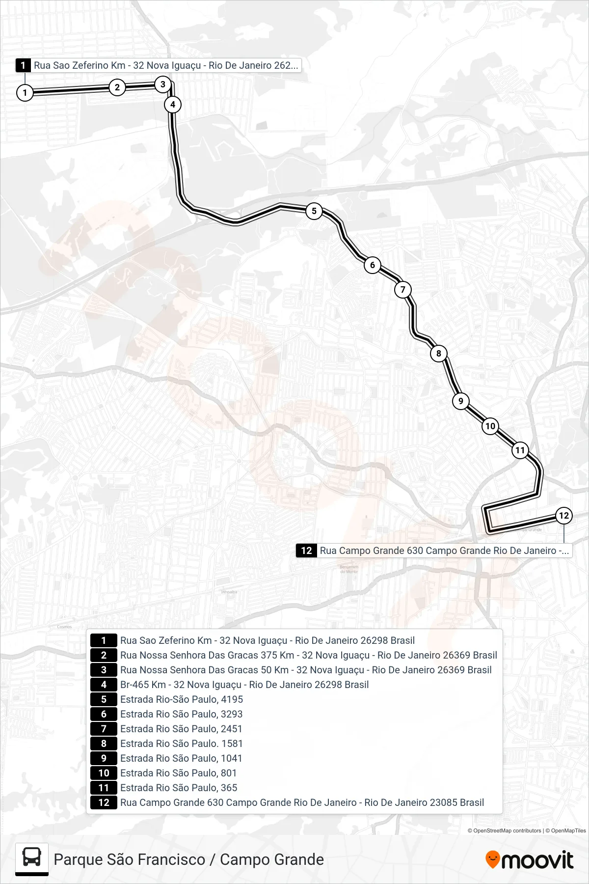 Rota e paradas da linha de ônibus 746P (Parque São Francisco) no mapa