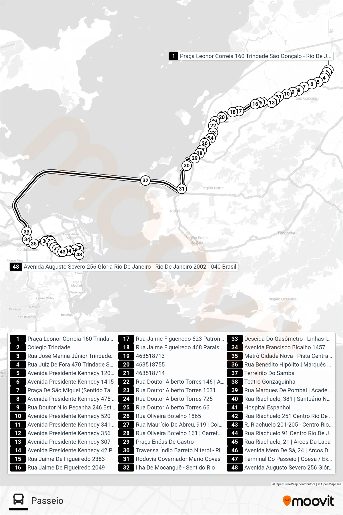 Rota e paradas da linha de ônibus 110 (Passeio) no mapa