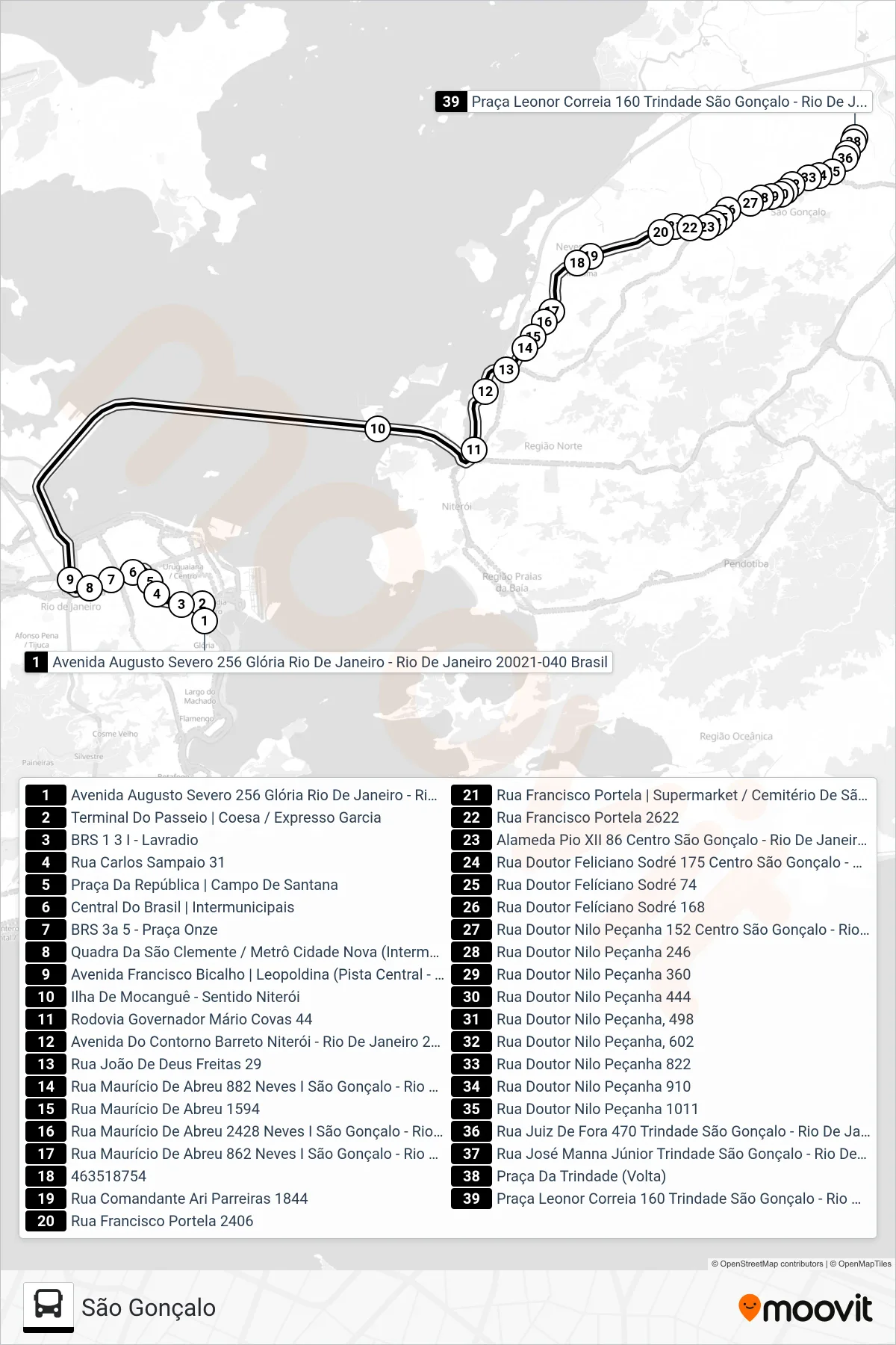 110 bus Line (São Gonçalo) route and stops on a map