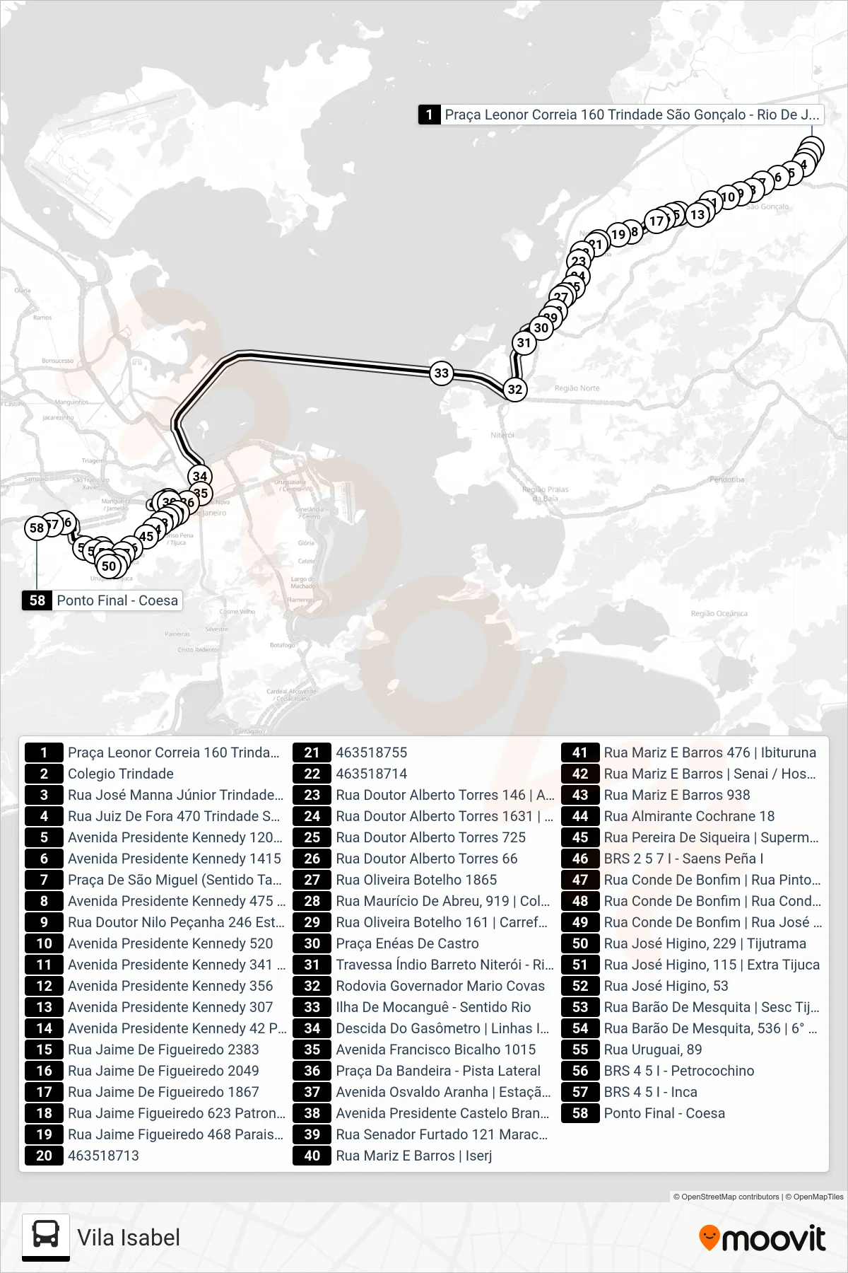 Rota e paradas da linha de ônibus 423 (Vila Isabel) no mapa