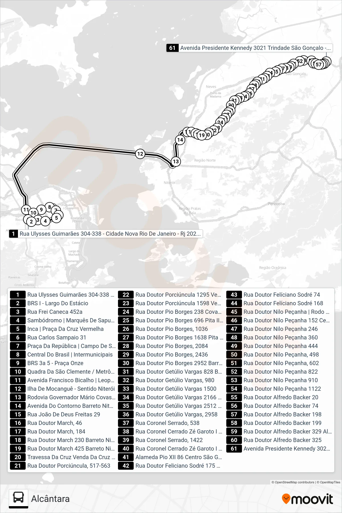 Rota e paradas da linha de ônibus 535 (Alcântara) no mapa