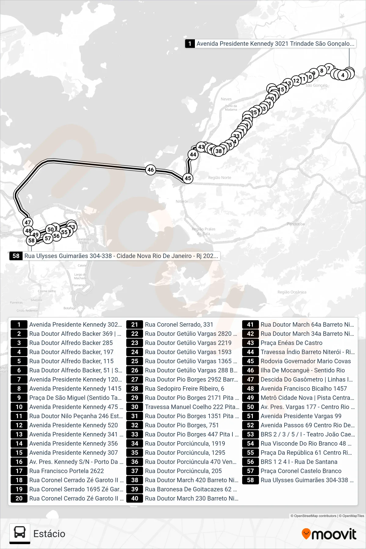 Rota e paradas da linha de ônibus 535 (Estácio) no mapa