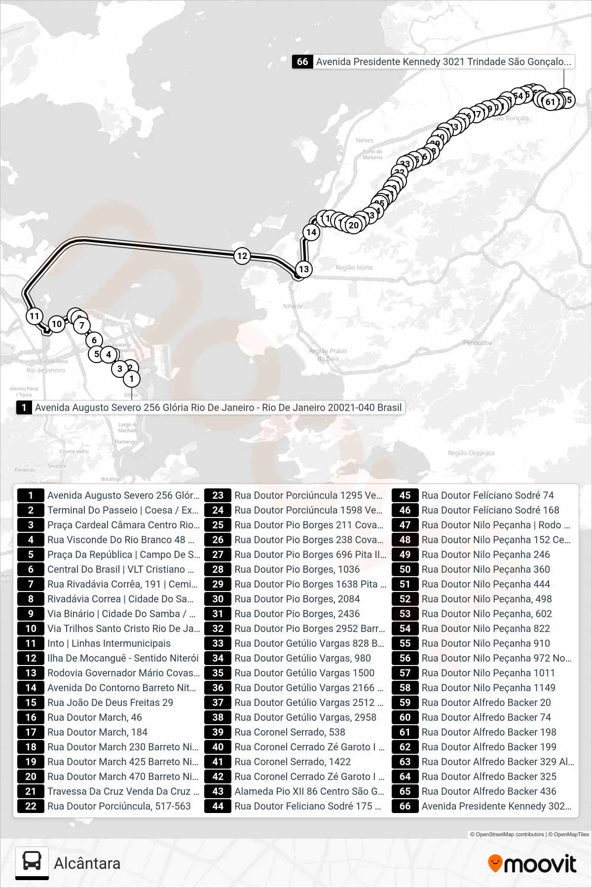 Rota e paradas da linha de ônibus 545 (Alcântara) no mapa