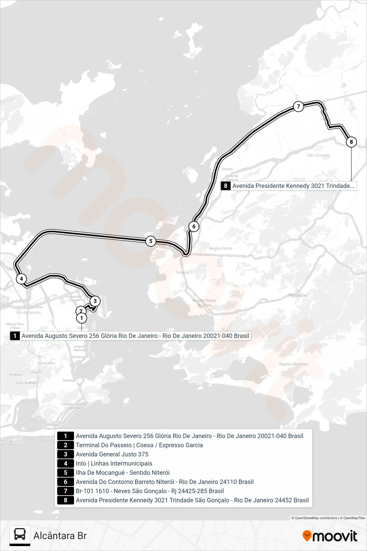 Rota e paradas da linha de ônibus 545 (Alcântara Br) no mapa