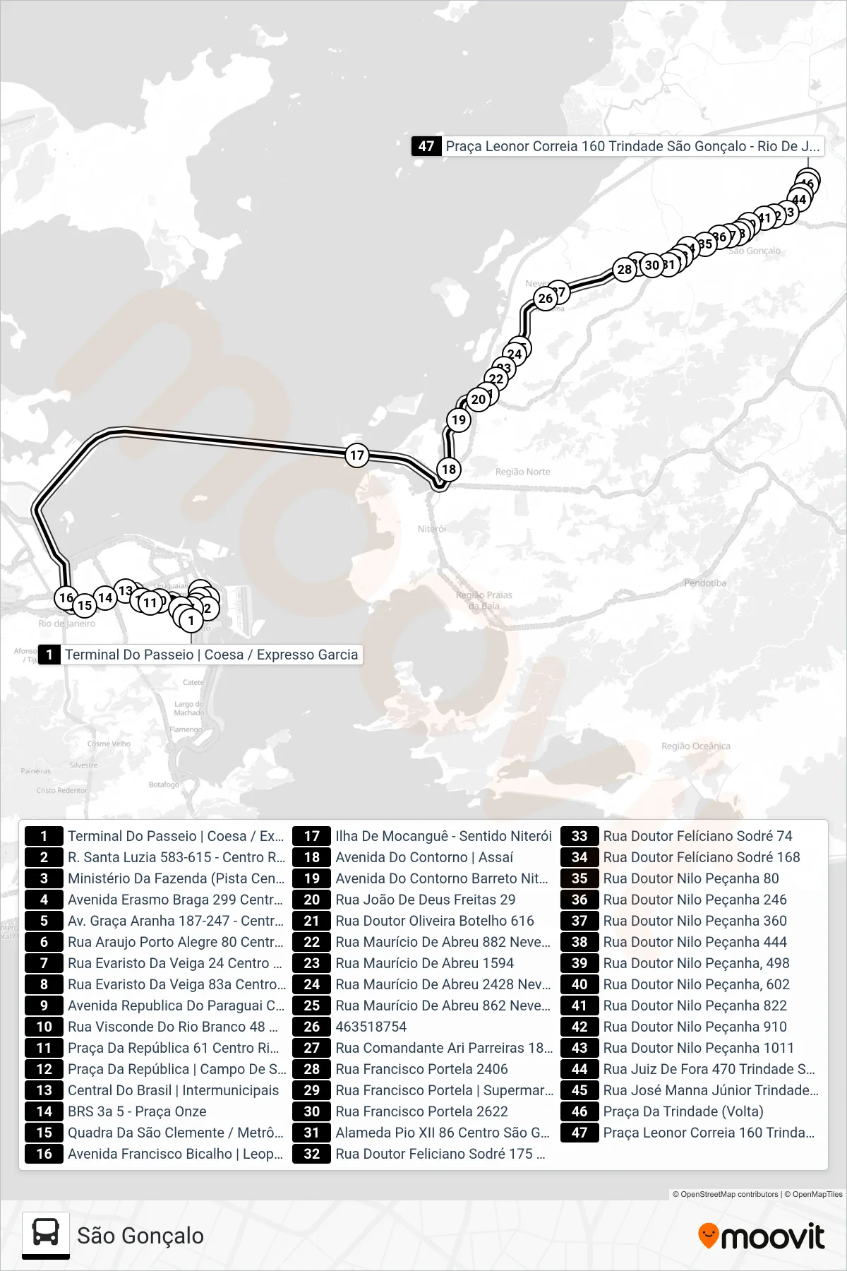 Rota e paradas da linha de ônibus 2110 (São Gonçalo) no mapa