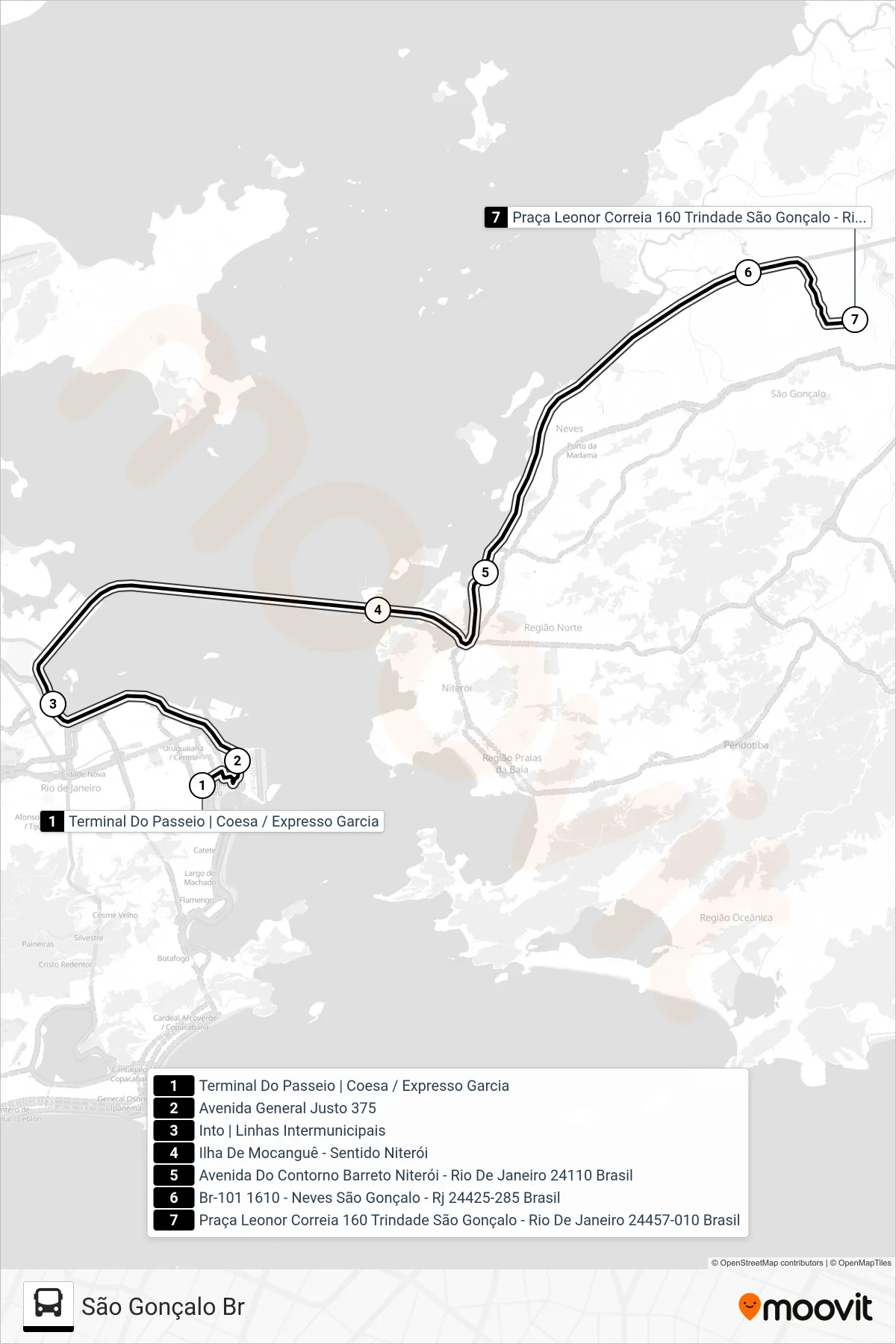 Rota e paradas da linha de ônibus 2110 (São Gonçalo Br) no mapa