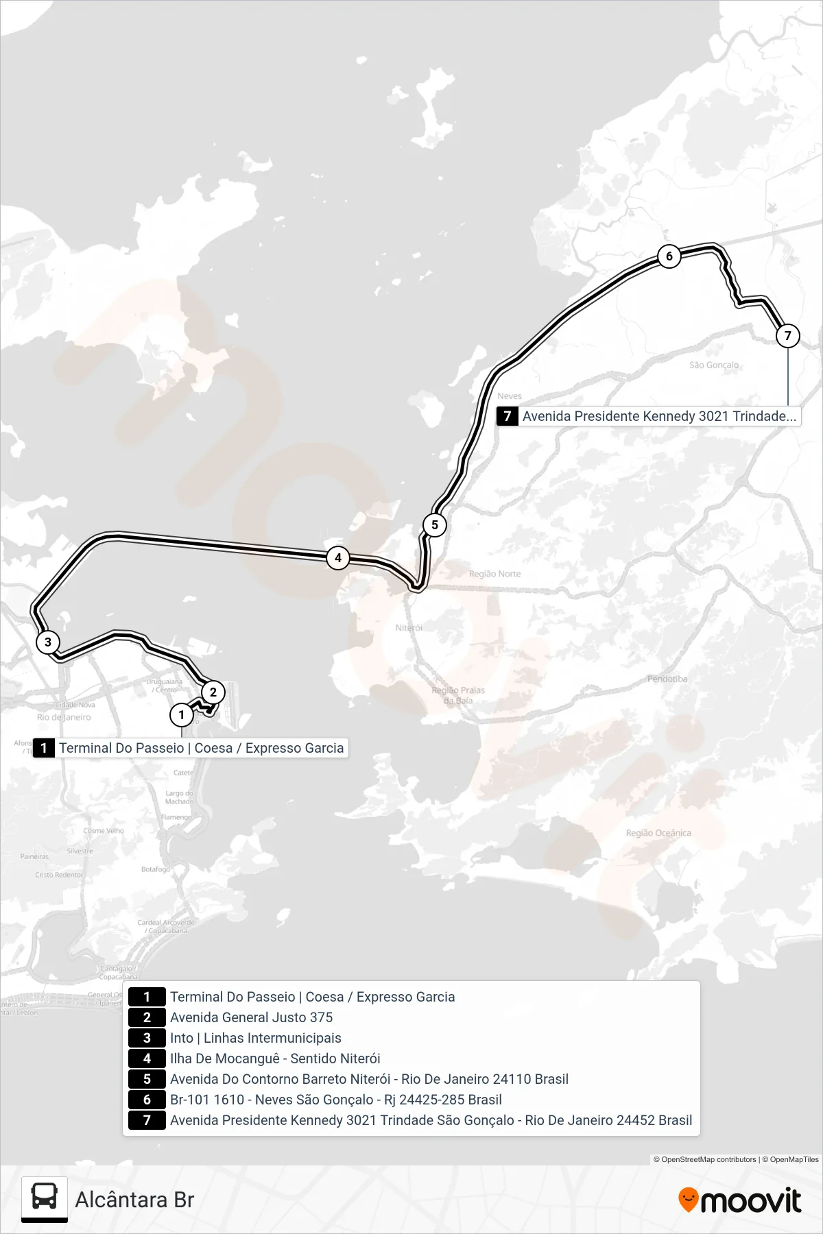 Rota e paradas da linha de ônibus 2545 (Alcântara Br) no mapa