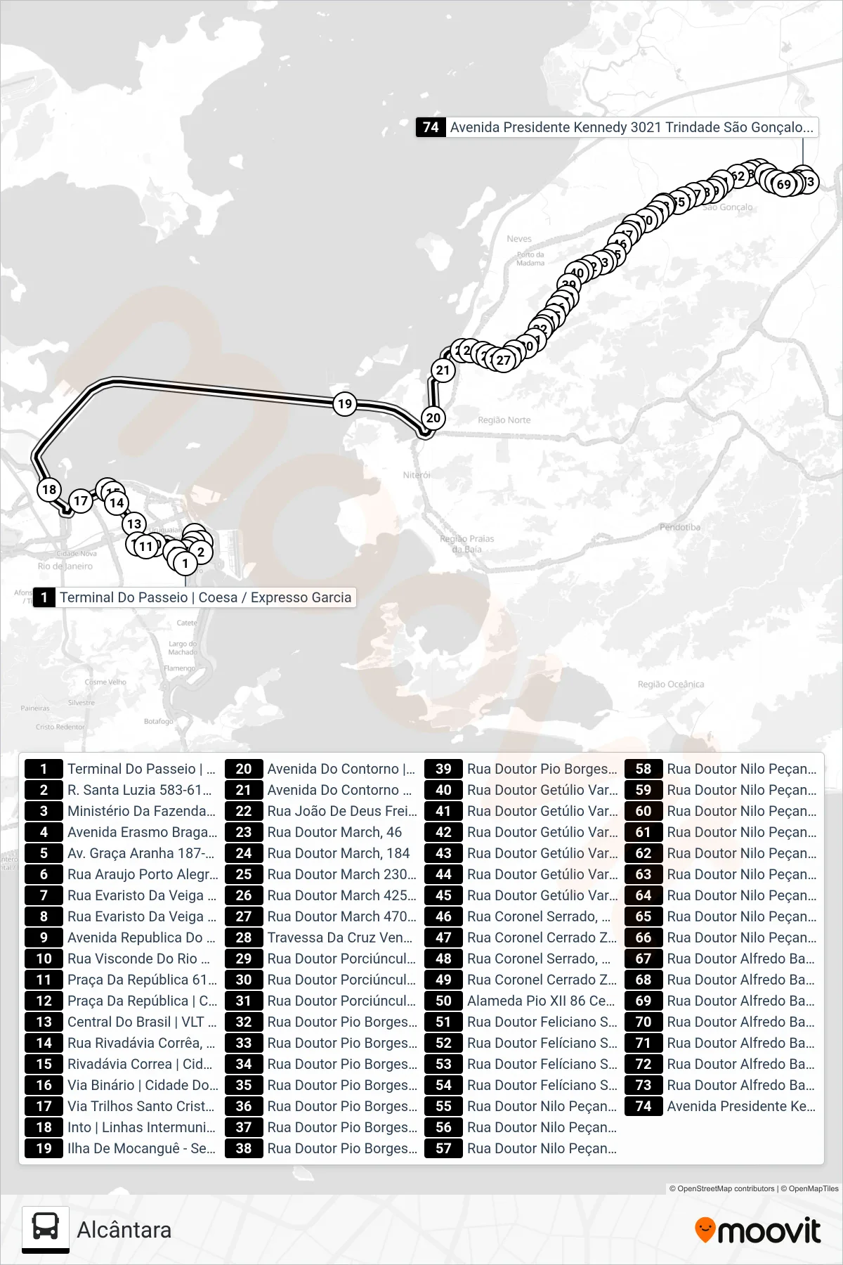 Rota e paradas da linha de ônibus 2545 (Alcântara) no mapa