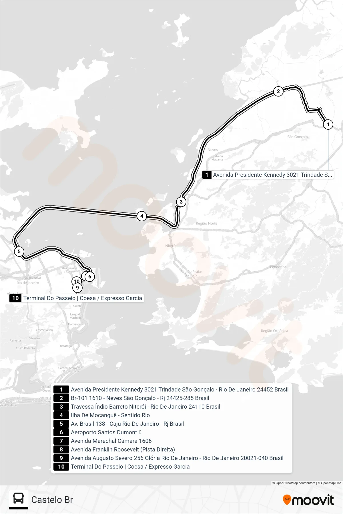 Rota e paradas da linha de ônibus 2545 (Castelo Br) no mapa