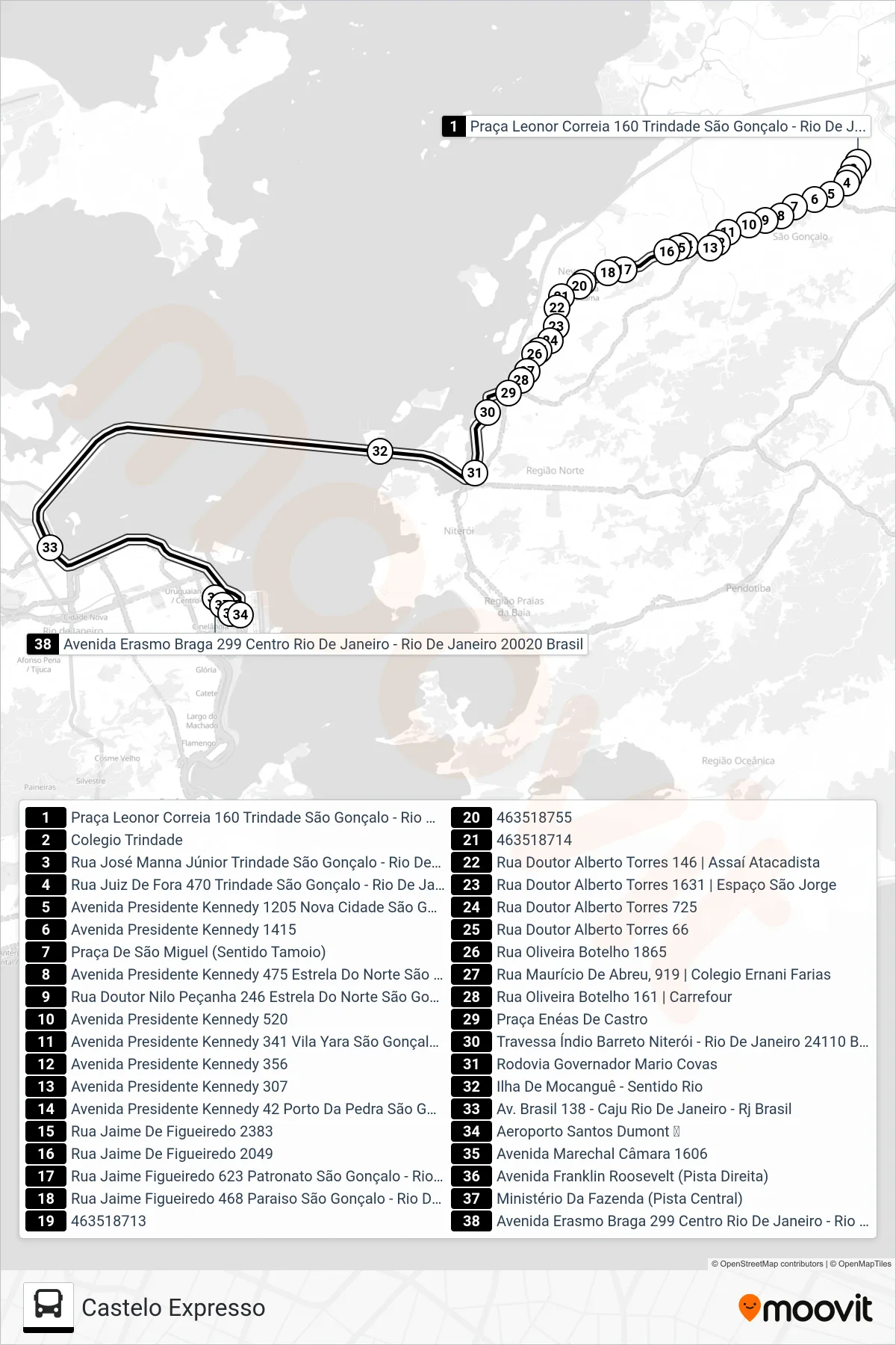 Rota e paradas da linha de ônibus 4110 (Castelo Expresso) no mapa