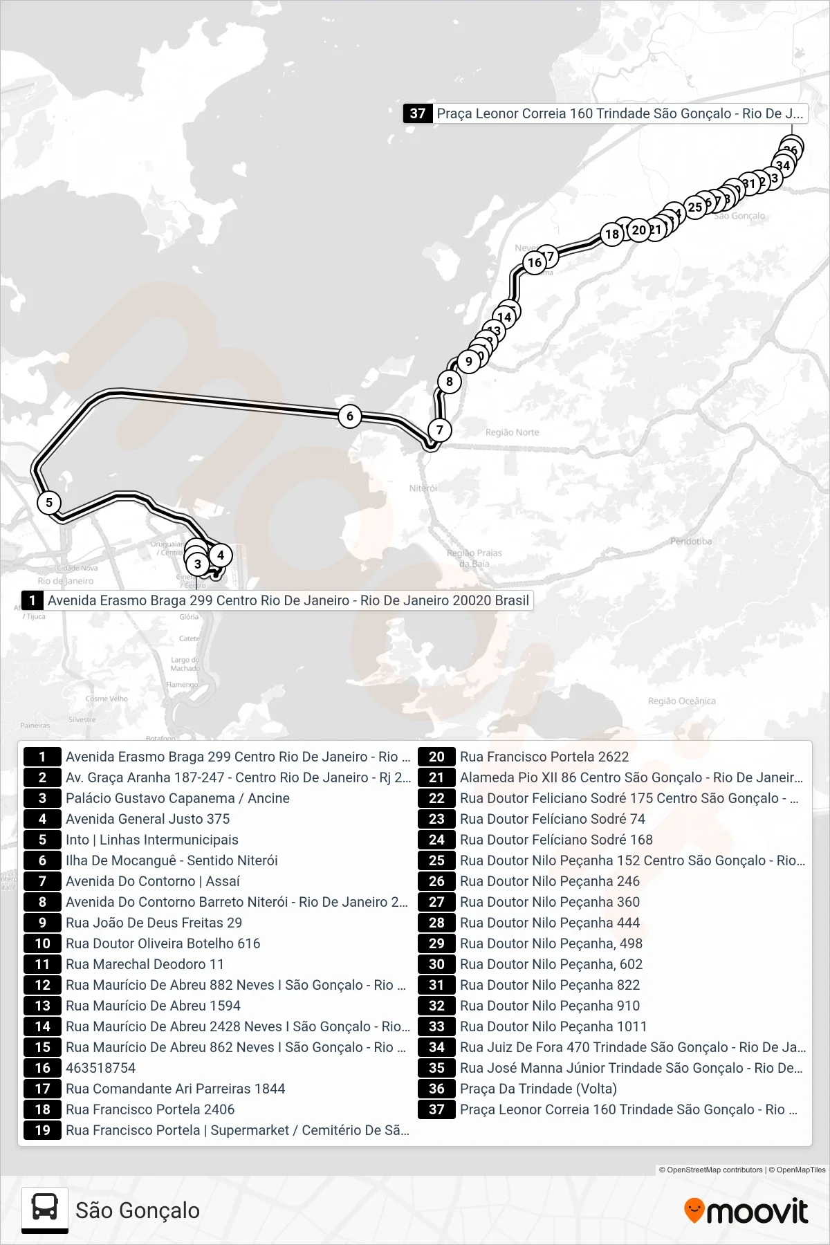 Rota e paradas da linha de ônibus 4110 (São Gonçalo) no mapa