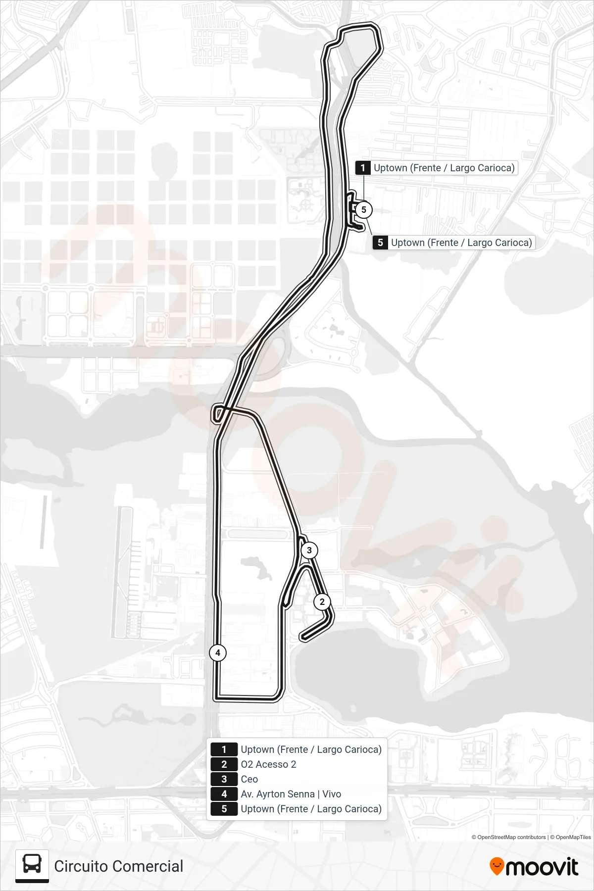 Rota e paradas da linha de ônibus UPTOWN (Circuito Comercial) no mapa