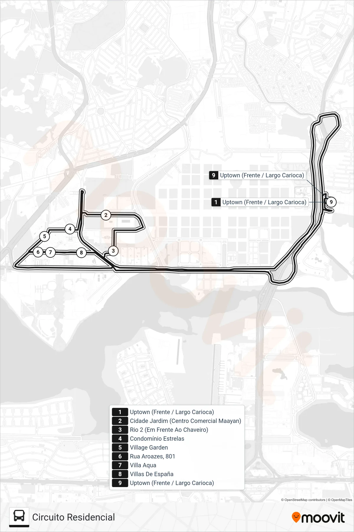 Rota e paradas da linha de ônibus UPTOWN (Circuito Residencial) no mapa