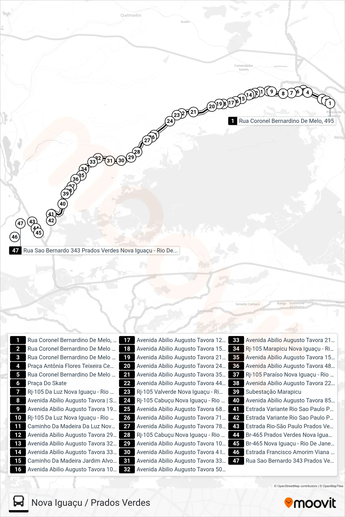 Rota e paradas da linha de ônibus  2015  (Prados Verdes) no mapa