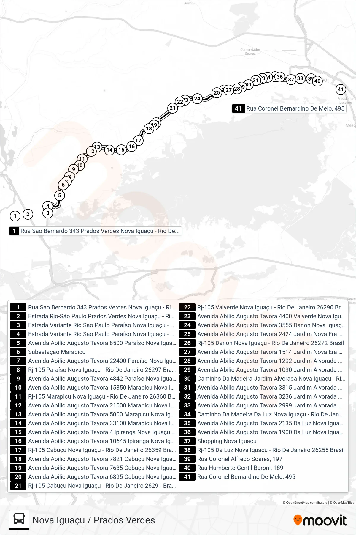 Rota e paradas da linha de ônibus 2015 (Nova Iguaçu) no mapa