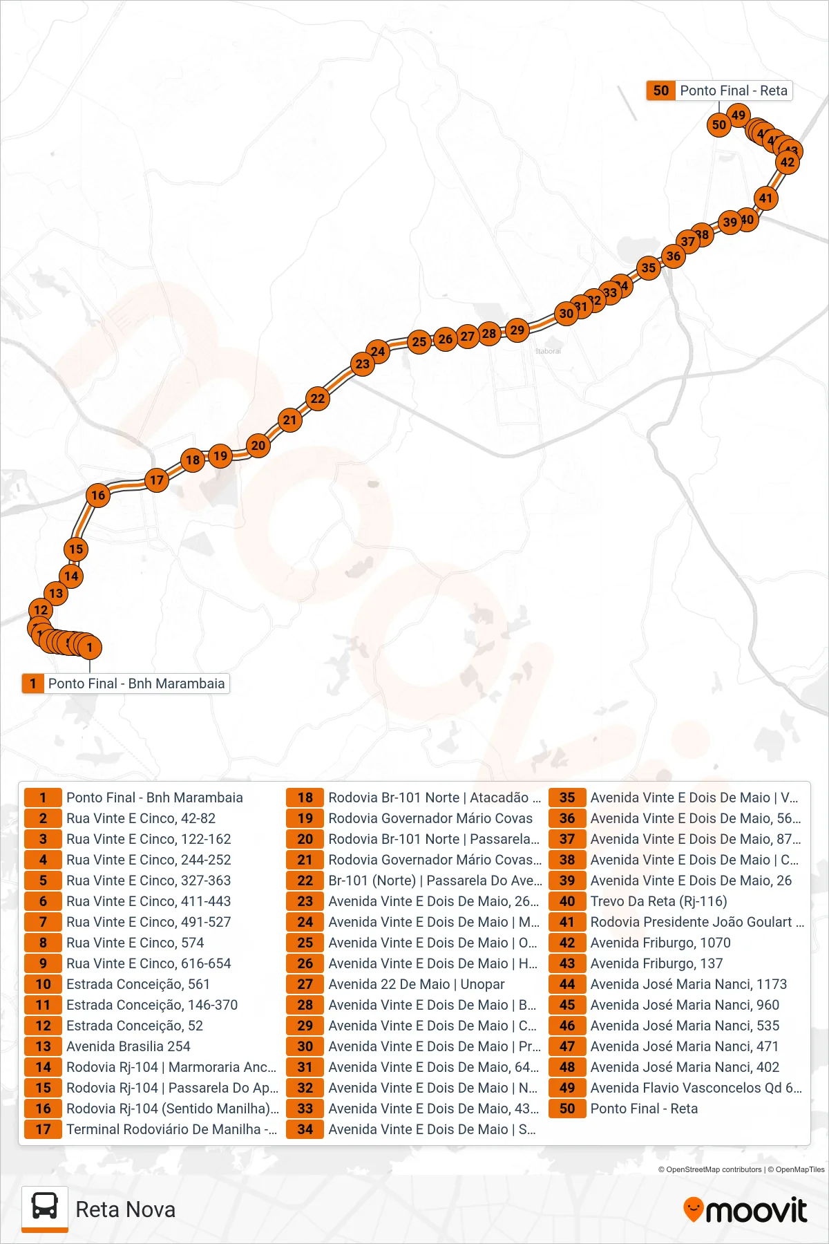Rota e paradas da linha de ônibus  76  (Reta Nova) no mapa