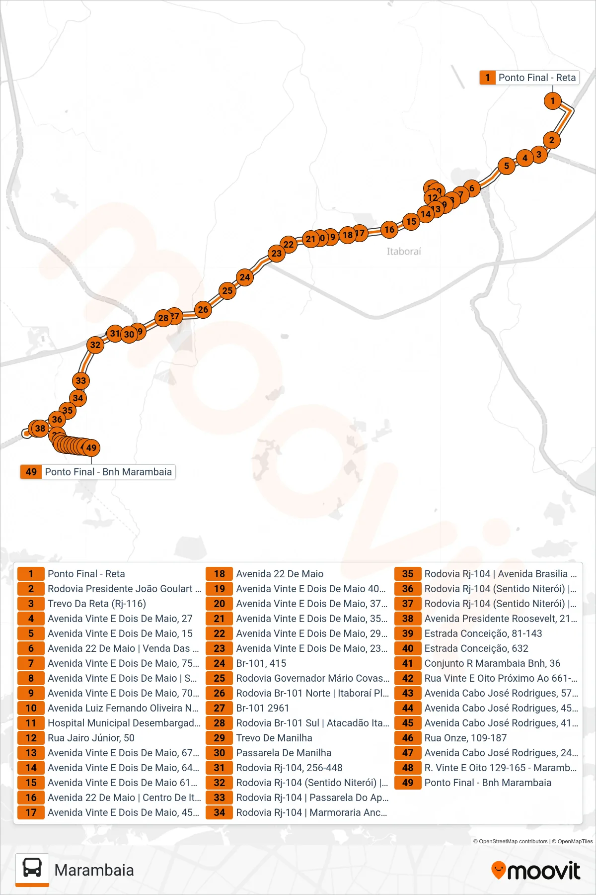 Rota e paradas da linha de ônibus 76 (Marambaia) no mapa