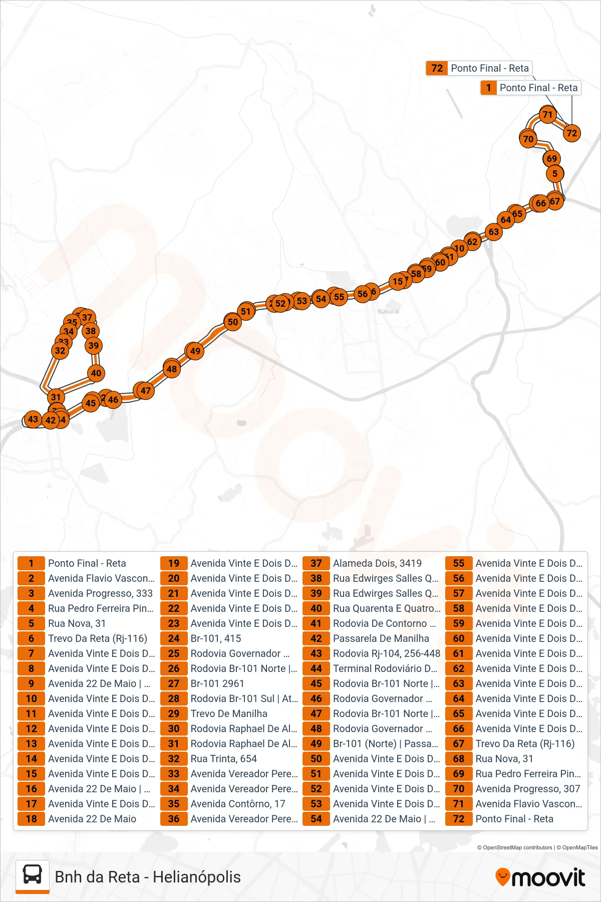 Rota e paradas da linha de ônibus 22 (BNH Da Reta ↔ Helianópolis (Via Santo Antônio)) no mapa