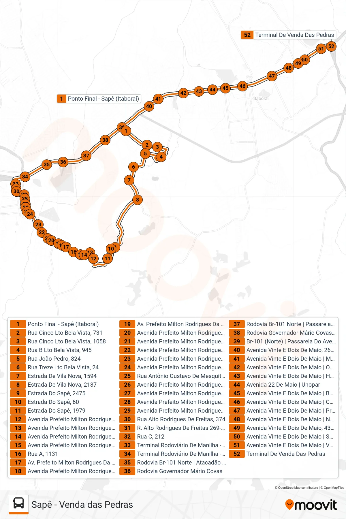 Rota e paradas da linha de ônibus 63 (Venda Das Pedras) no mapa